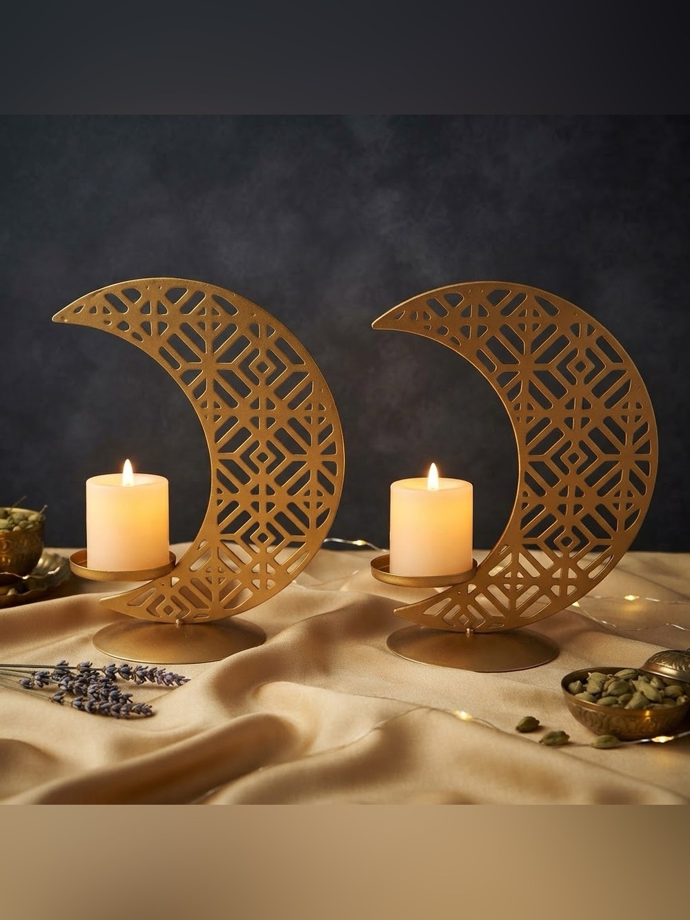 Gold Crescent Moon Metal Candle Holder set